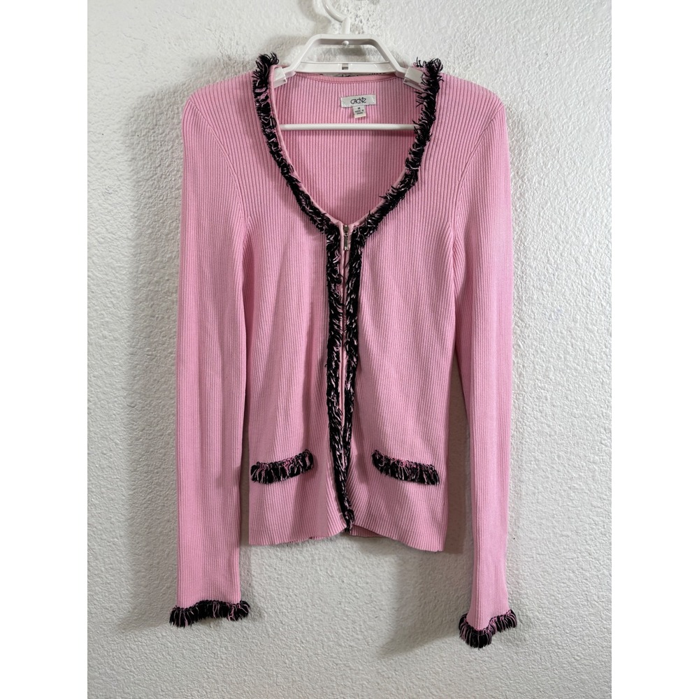 Cache Zip Up Cardigan Womens Size M Pink Ribbed Fringe‎ Trim Y2K Balletcore